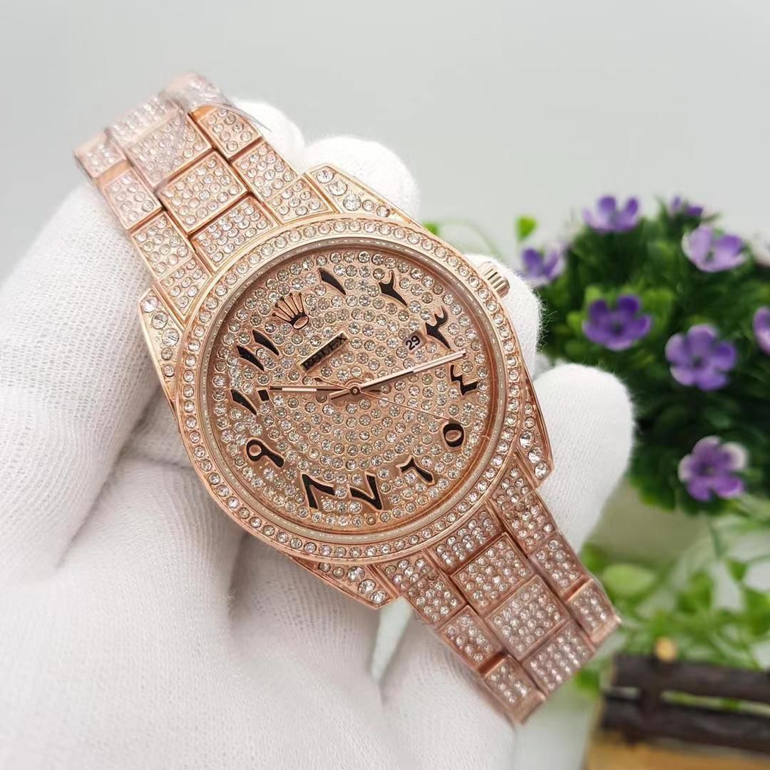 Rolex Rose Gold Plated Stone Embedded Arabic Dial Watch for Men – Luxury Analog Timepiece, Swiss Precision, Elegant Design