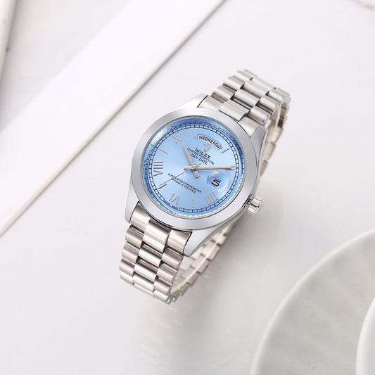 Rolex Blue Dial Silver Straps Classic Day-Date Watch for Men – Luxury Automatic Movement, Swiss Precision, Elegant Design