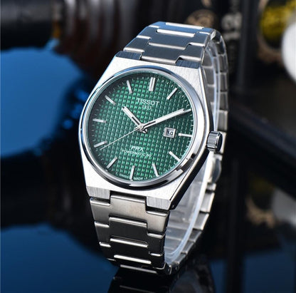 Tissot Green Dial Silver Stainless Steel Strap Date Watch for Men – Swiss Automatic Movement, Elegant Design, Luxury Timepiece