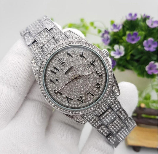 Rolex Silver Colour Stone Embedded Arabic Dial Watch for Men – Luxury Timepiece, Swiss Precision, Elegant Design