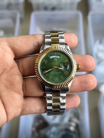 Rolex Men's Analog Watch – Silver & Gold Bracelet, Green Dial | Luxury Timepiece for Stylish Men